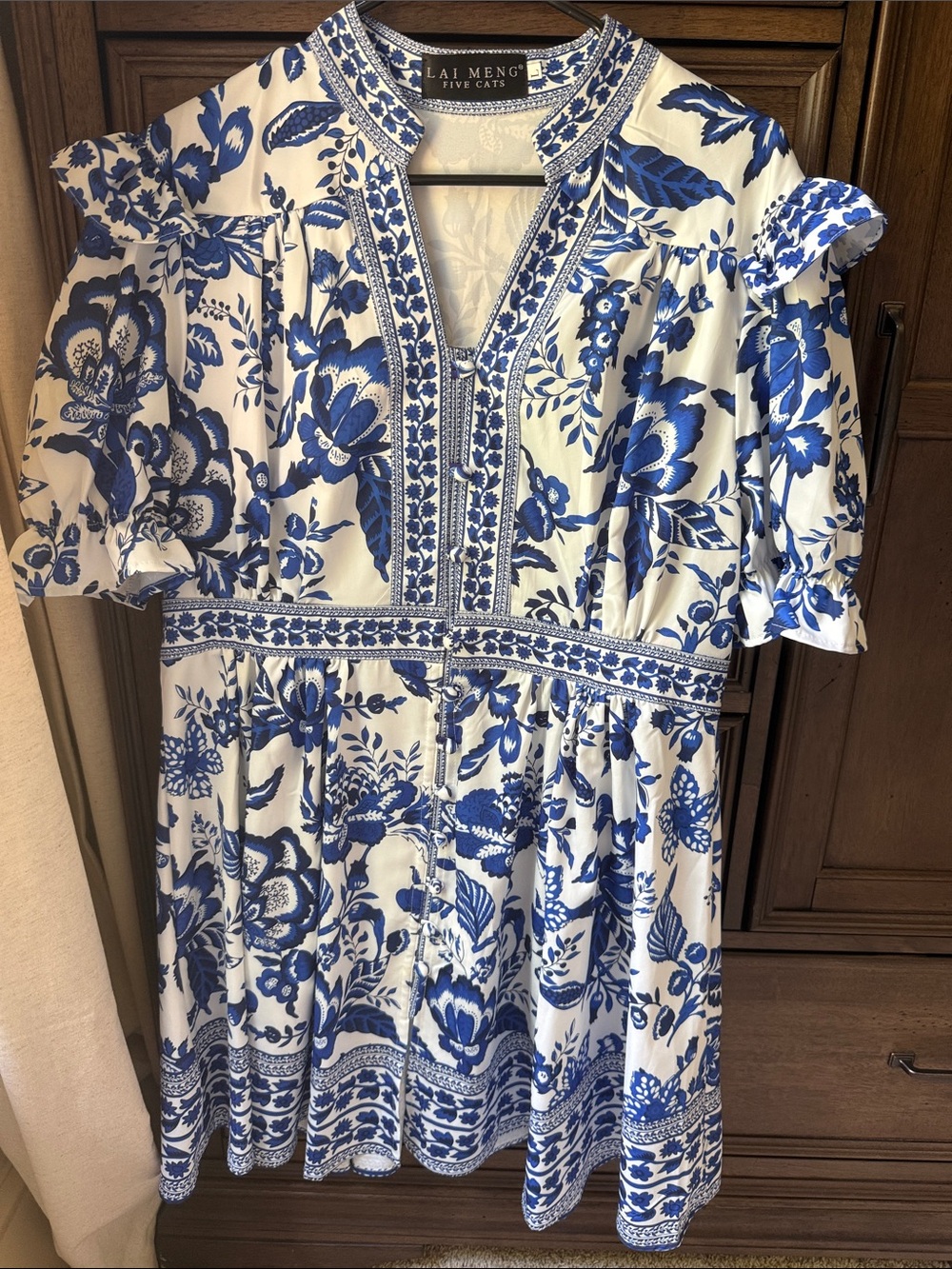 Lai Meng Blue & White Floral Mini Dress with Embroidered Trim